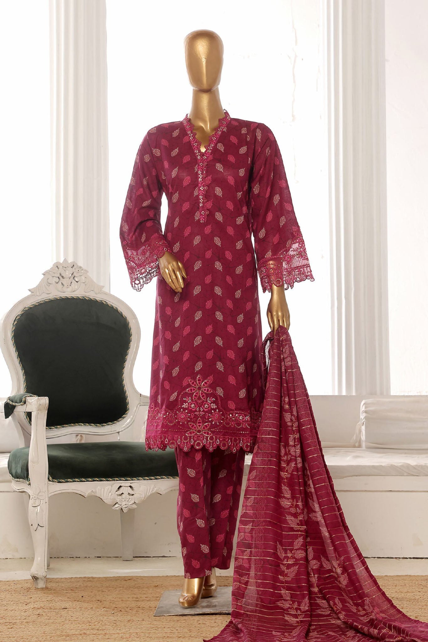 Bin Saeed Stitched 3 Piece Exclusive Lawn Frock Vol-01 Collection-SM-1458-Purple