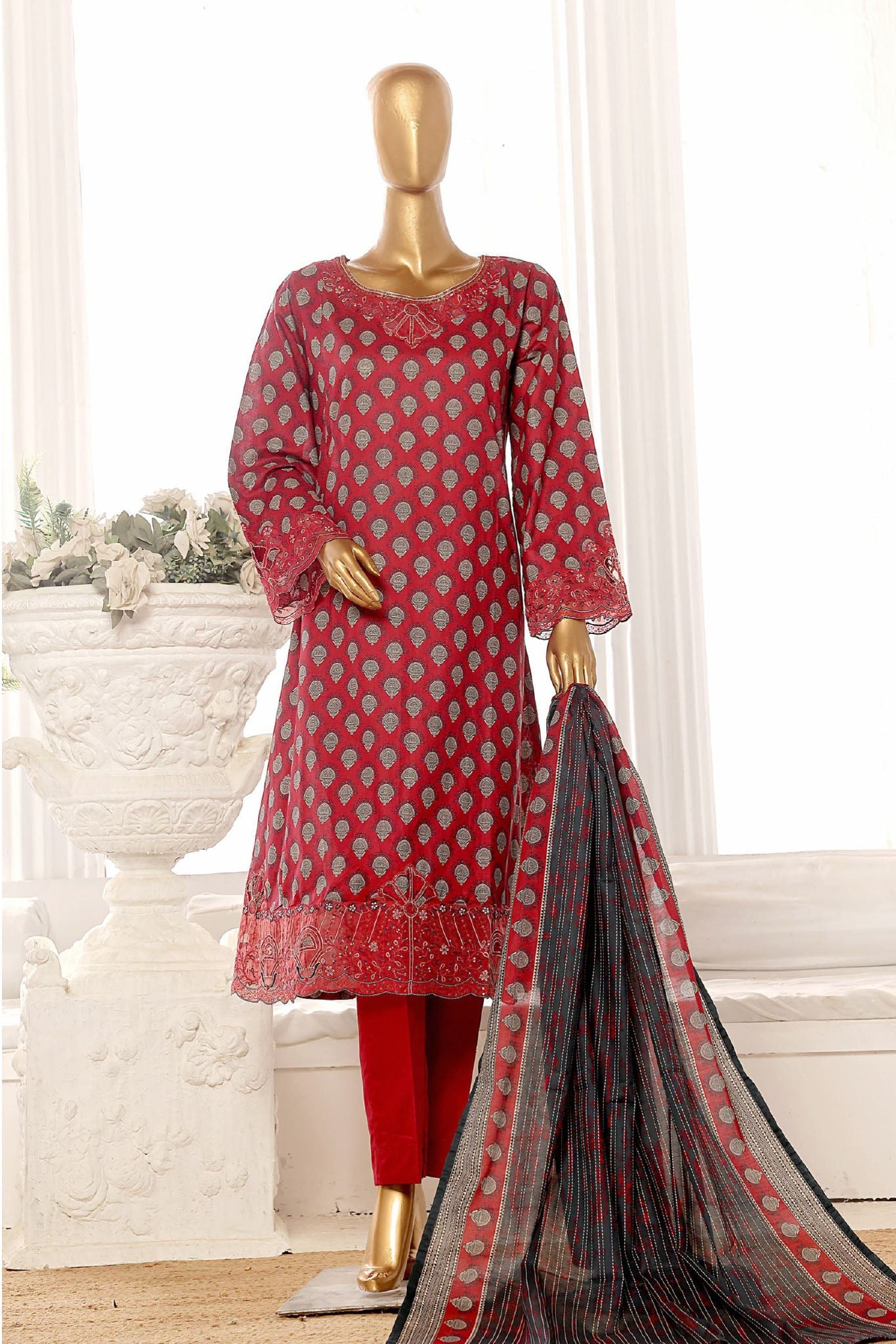 Bin Saeed Stitched 3 Piece Exclusive Lawn Frock Vol-01 Collection-SM-1460-Maroon