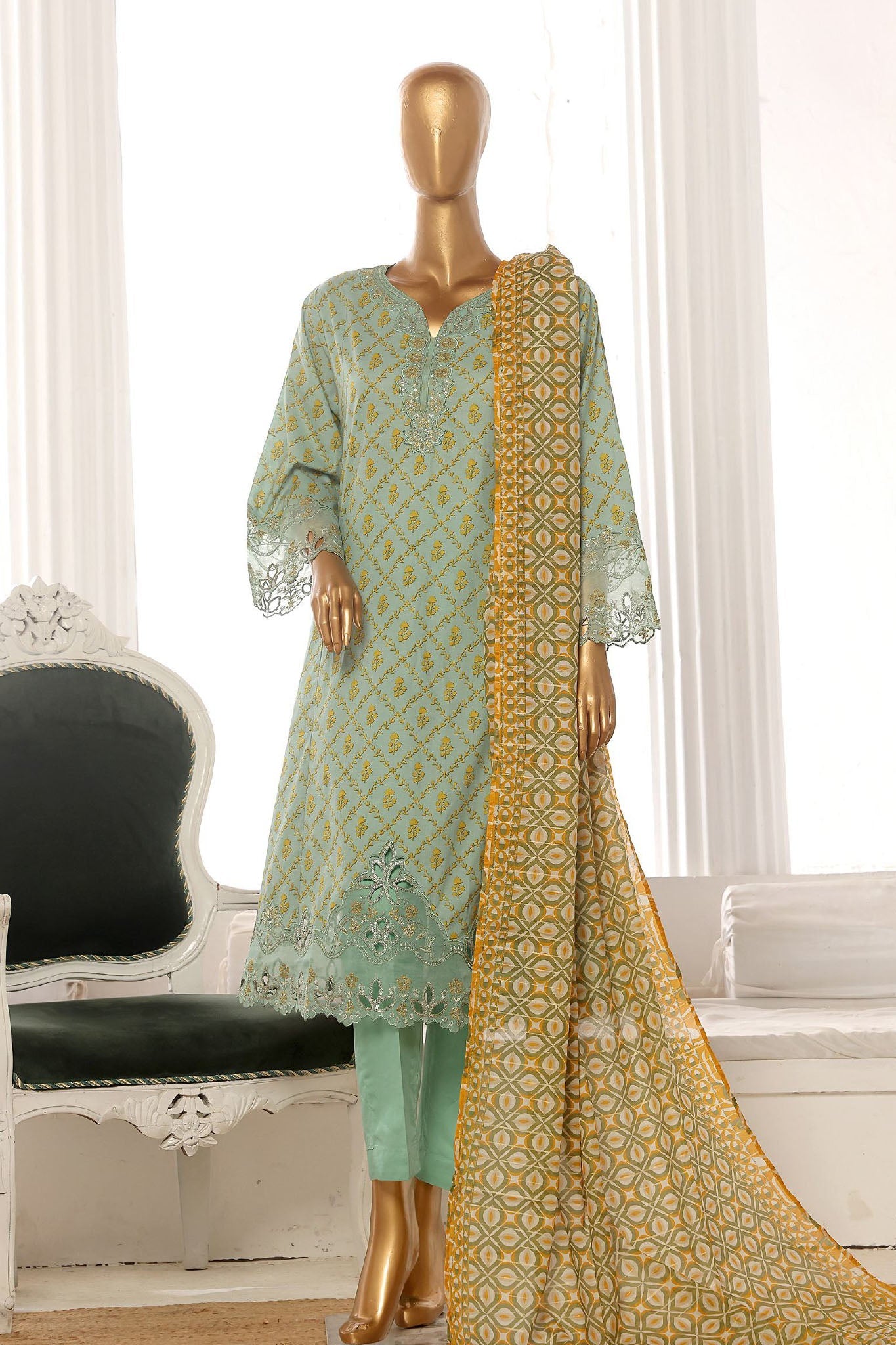 Bin Saeed Stitched 3 Piece Exclusive Lawn Frock Vol-01 Collection-SM-1462-Mint