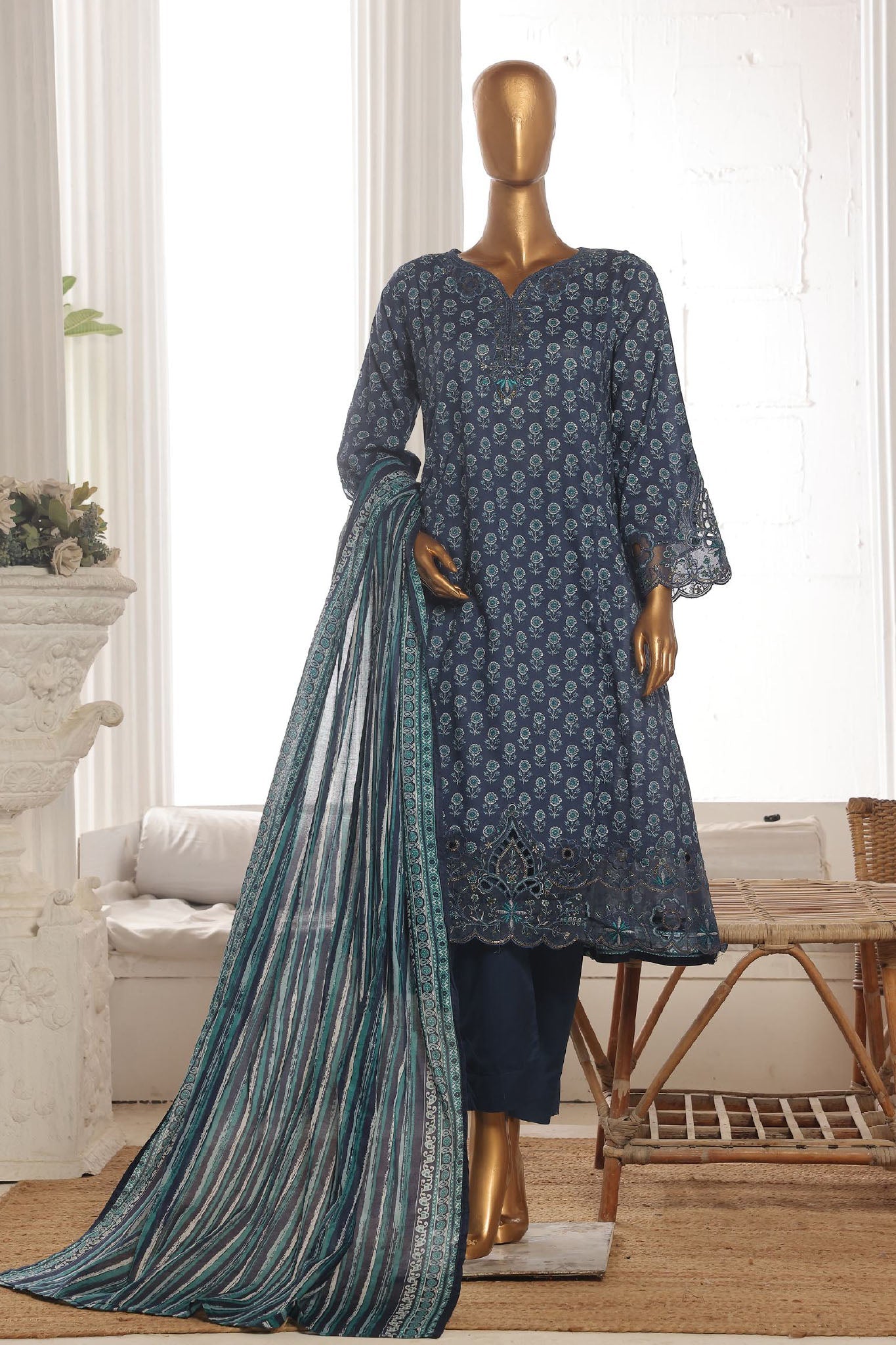 Bin Saeed Stitched 3 Piece Exclusive Lawn Frock Vol-01 Collection-SM-1463-Blue