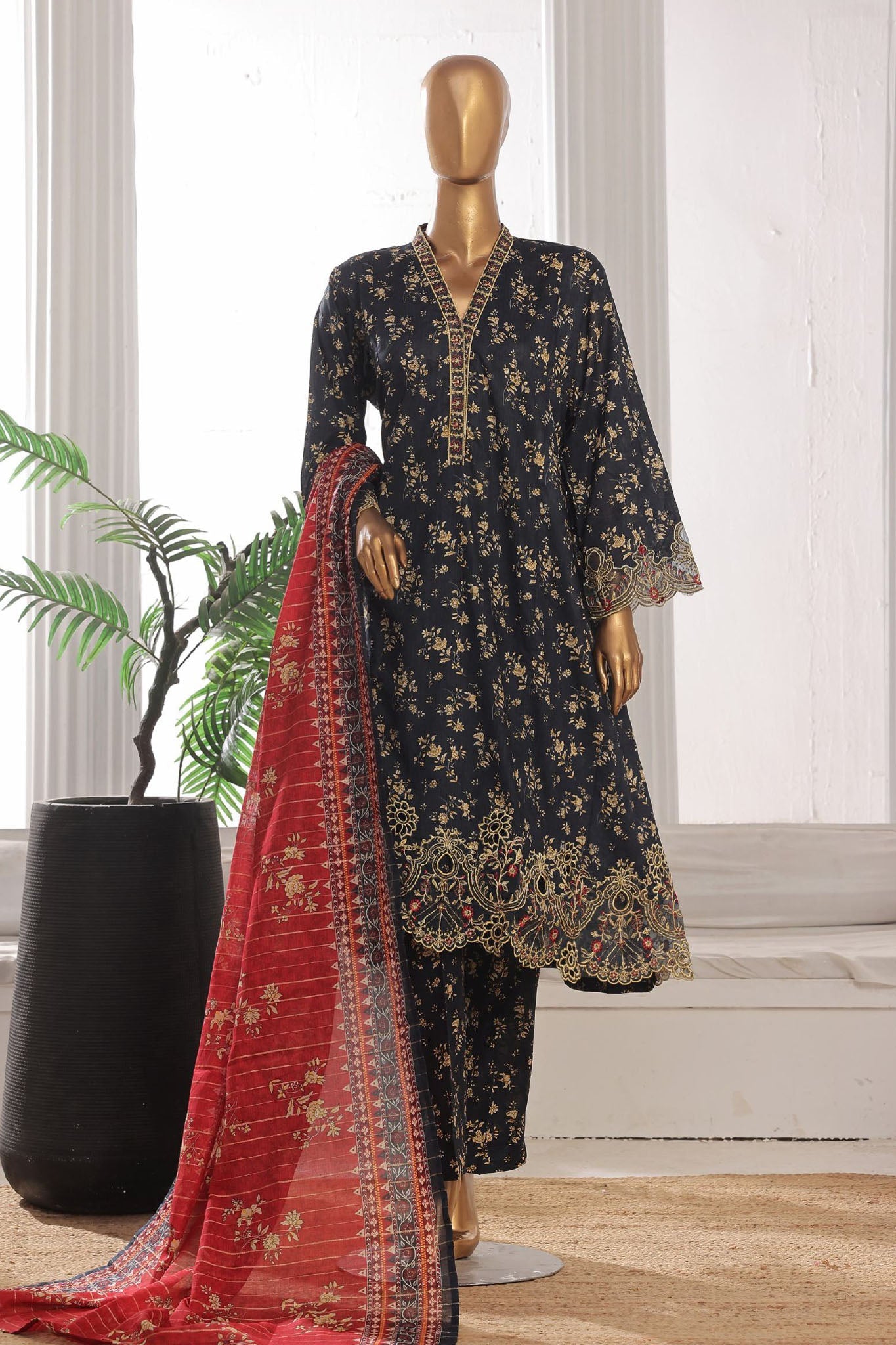 Bin Saeed Stitched 3 Piece Exclusive Lawn Frock Vol-01 Collection-SM-1470-Black