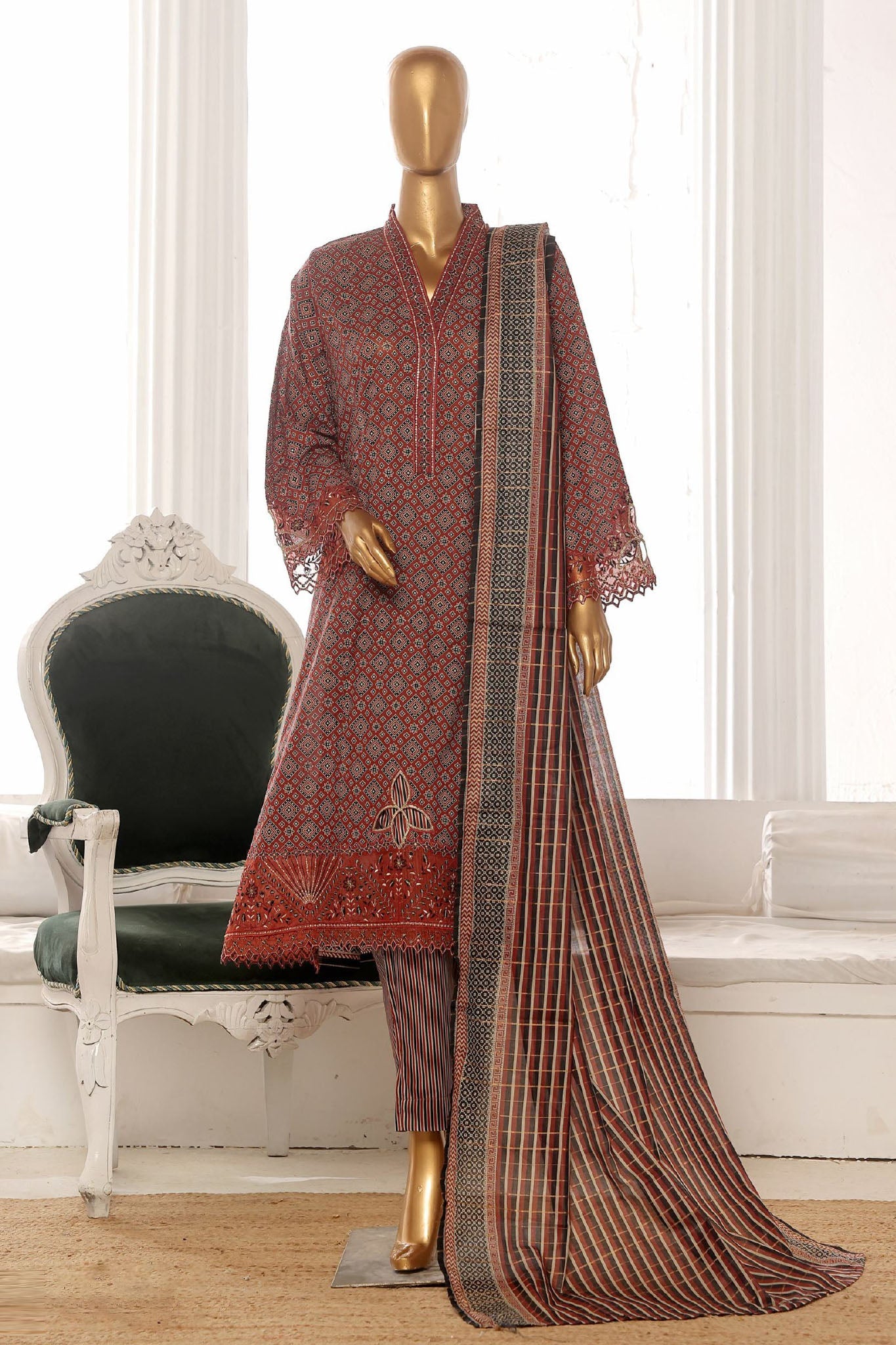Bin Saeed Stitched 3 Piece Exclusive Lawn Frock Vol-01 Collection-SM-1471-Maroon