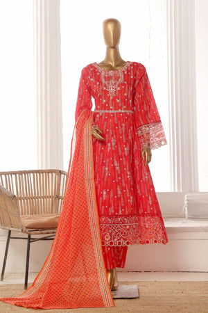 Bin Saeed Stitched 3 Piece Exclusive Lawn Frock Vol-01 Collection-SM-1484-Red