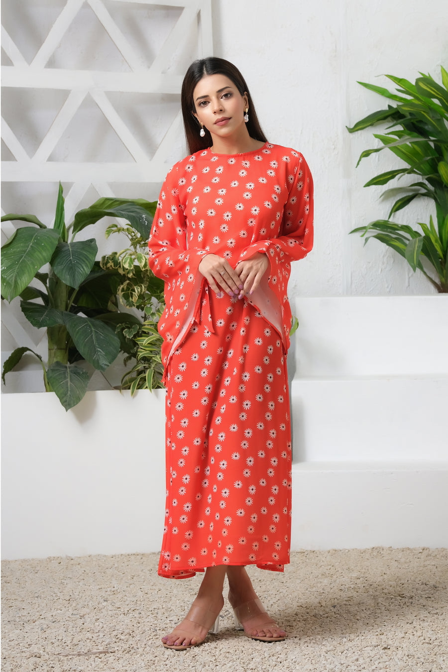 Sprinkles Stitched 1 Piece Summer Shirts Women Collection'2025-Orange Blossom Match Allover Floral Print Tunic Dress