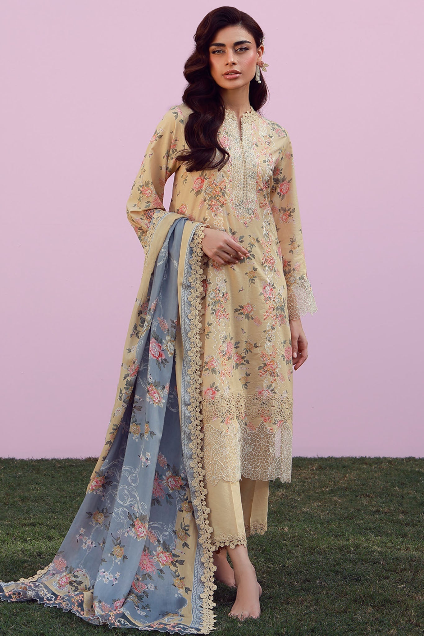 Mirha By Sahar Unstitched 3 Piece Emb Lawn Suit-SS1-26-37-Rose Creme