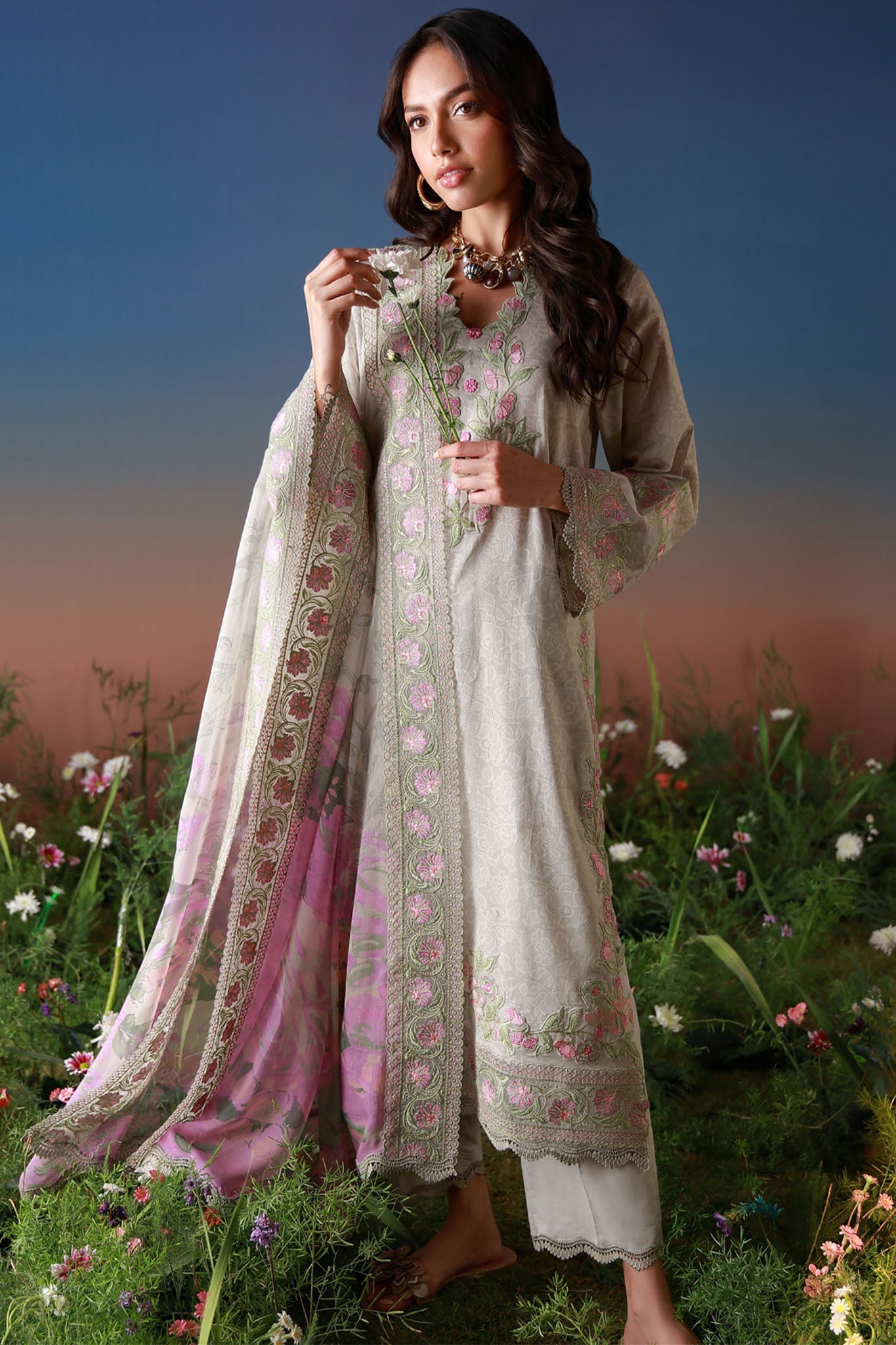 Mirha By Sahar Unstitched 3 Piece Emb Lawn Suit-SS1-26-38-Ivory Petaline