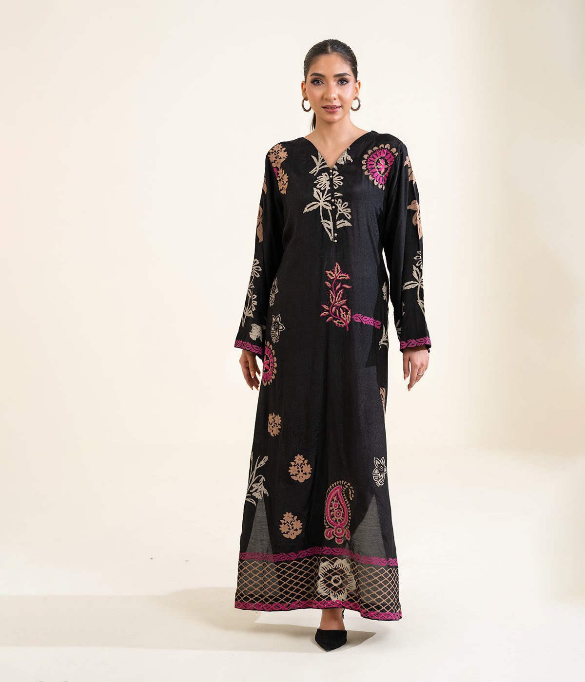 Sinopia Stitched 1 Piece Block Print Kaftan-SSBP26-002-Black
