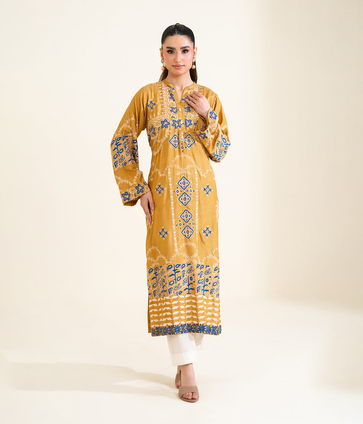 Sinopia Stitched 1 Piece Block Print Kaftan-SSBP26-004-Gold