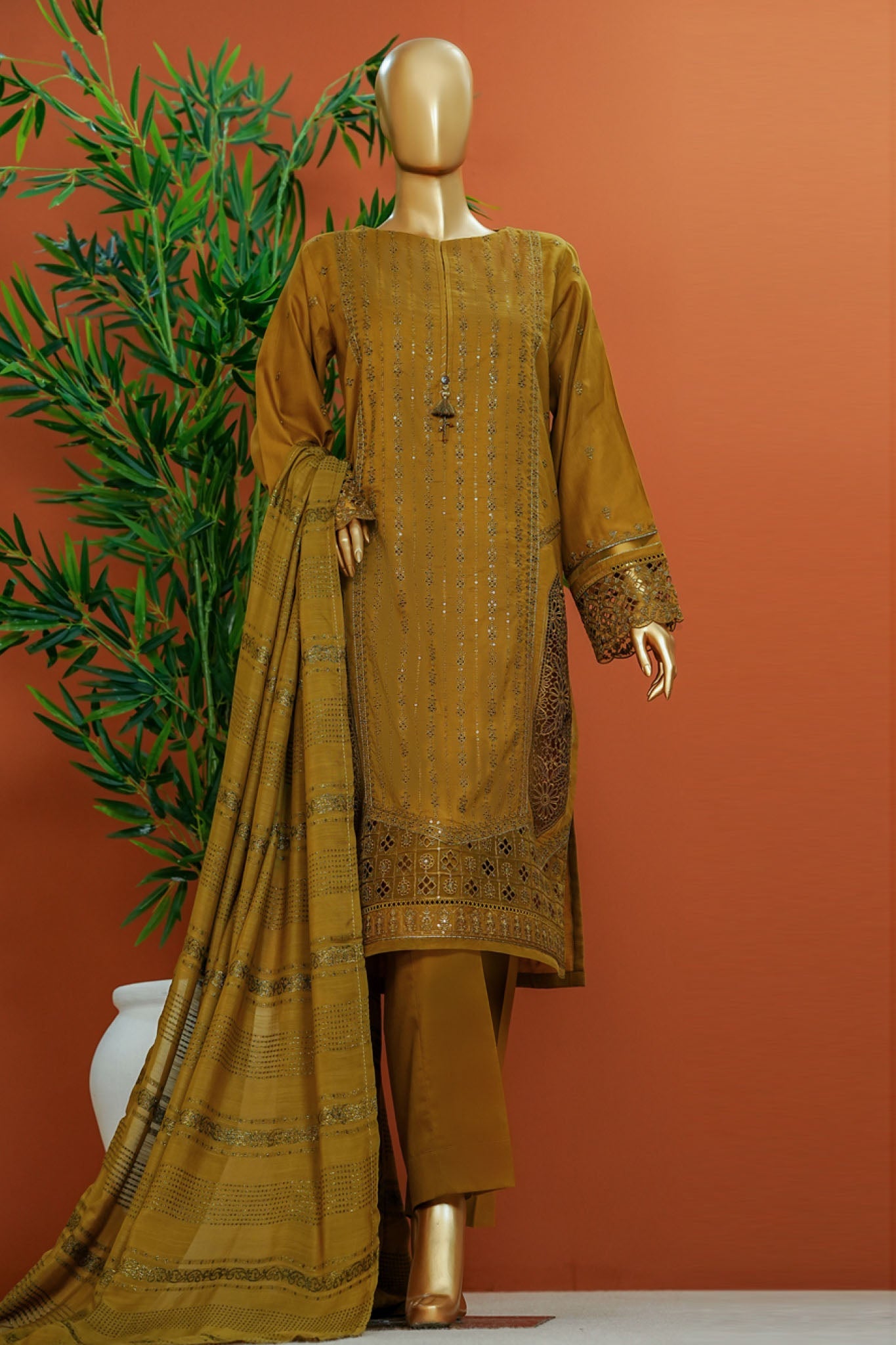 Muse By HZ Stitched 3 Piece Emb Cotton Slub Vol-01 Collection'2025-SSE-101-Olive