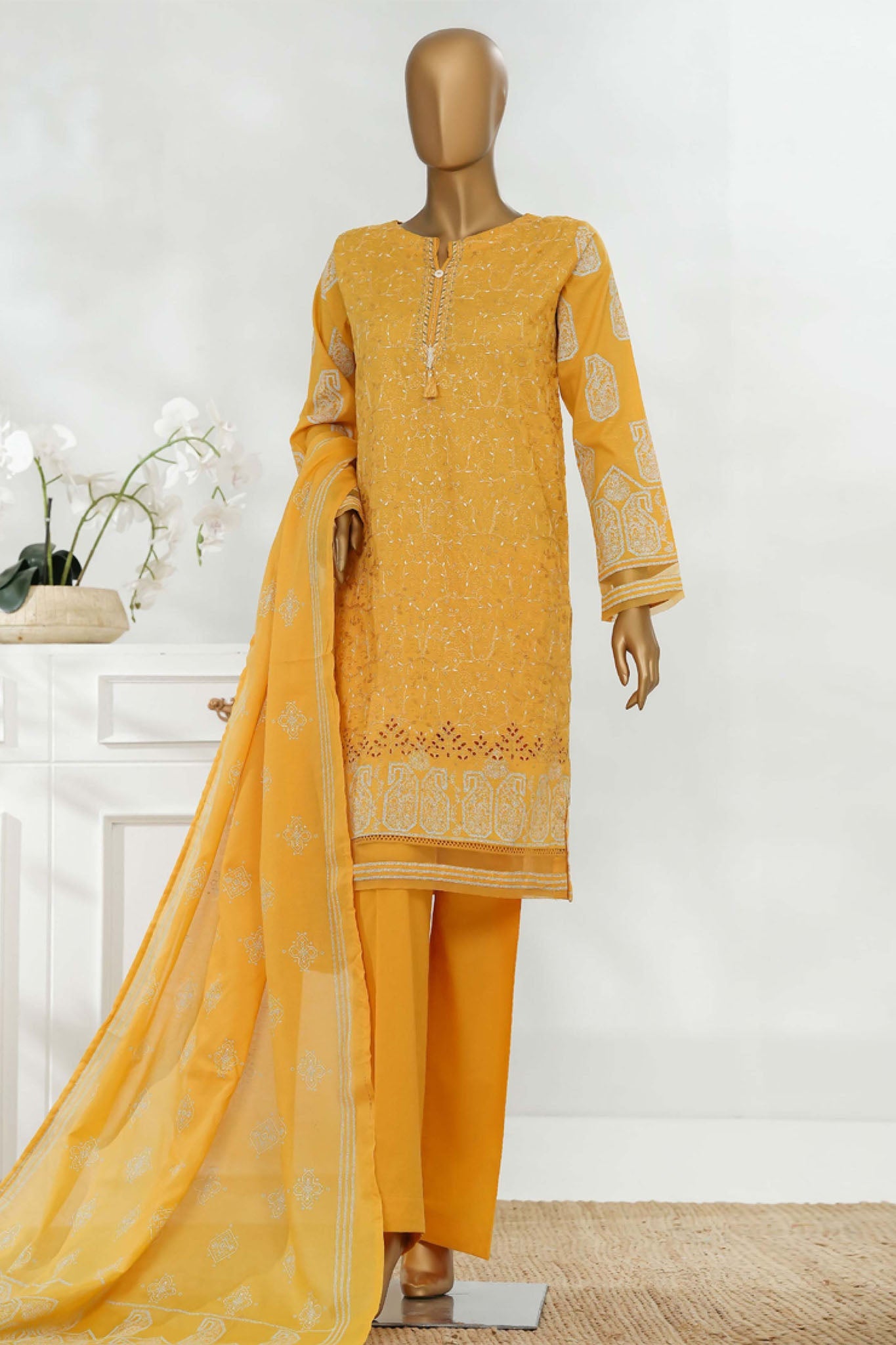 Sunehri By HZ Stitched 3 Piece Emb Dyed Cotton Winter Suit-SSE-811-Mustard