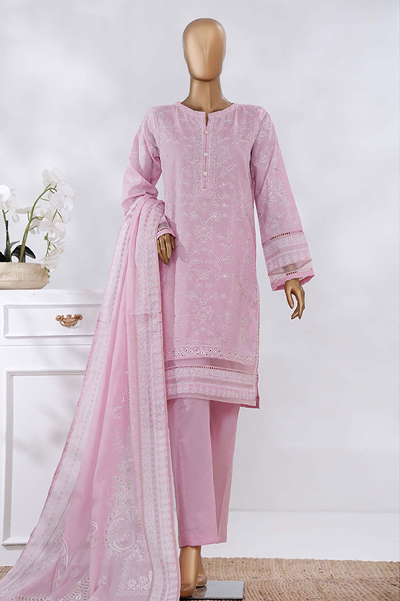 Sunehri By HZ Stitched 3 Piece Emb Dyed Cotton Winter Suit-SSE-814-Pink