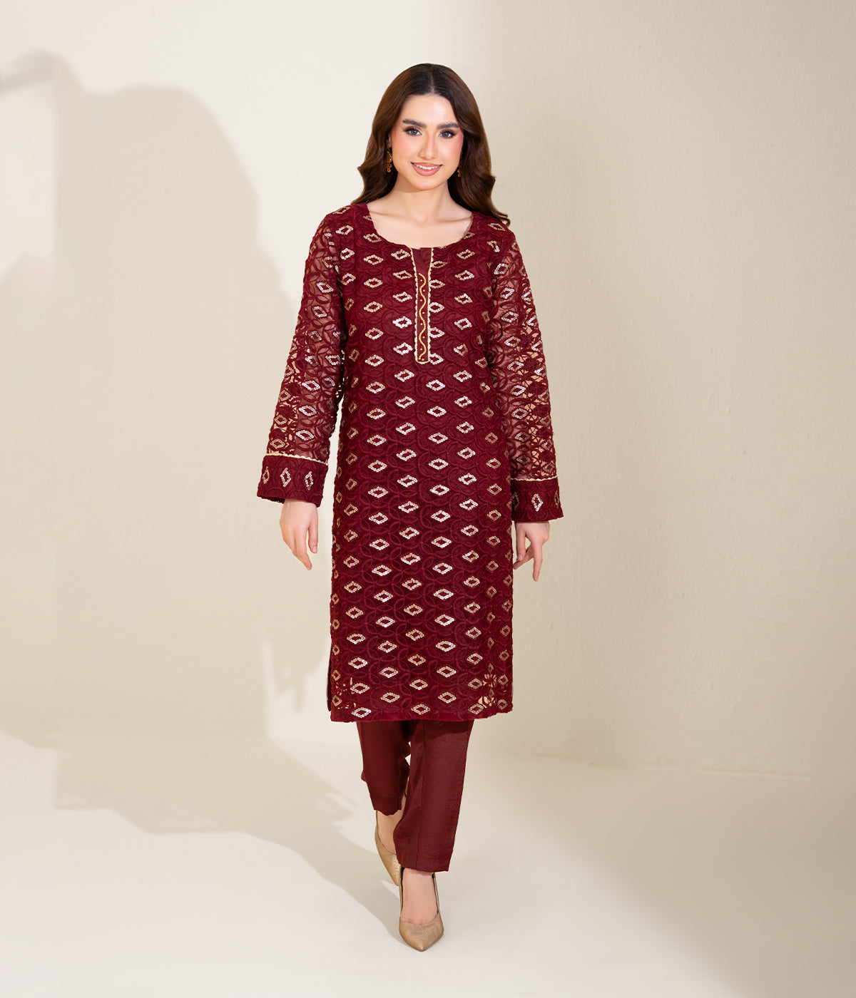 Sinopia Stitched 2 Piece Summer Women Suit-SSE26-023-Maroon