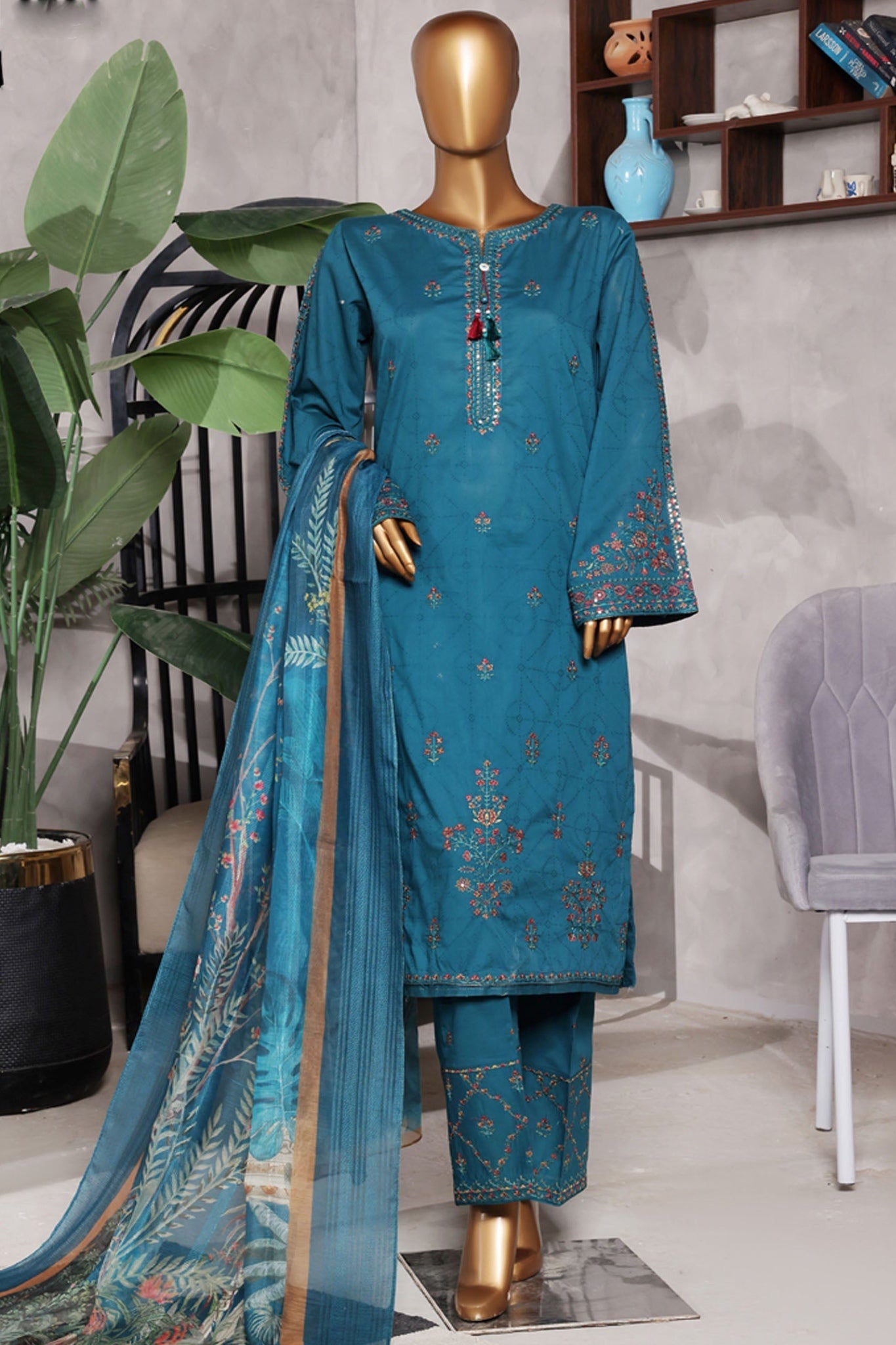 Muse By HZ Stitched 3 Piece Emb Cotton Self Jacquard Vol-02 Collection'2025-SSJ-2503-Teal