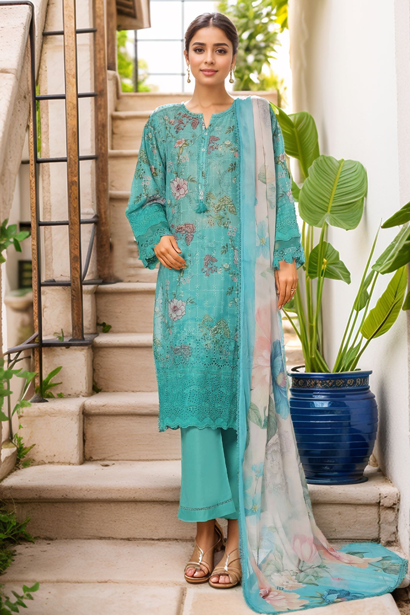 Sada Bahar Stitched 3 Piece Fusion Chikankari Collection'2025-CKP-Sea Green