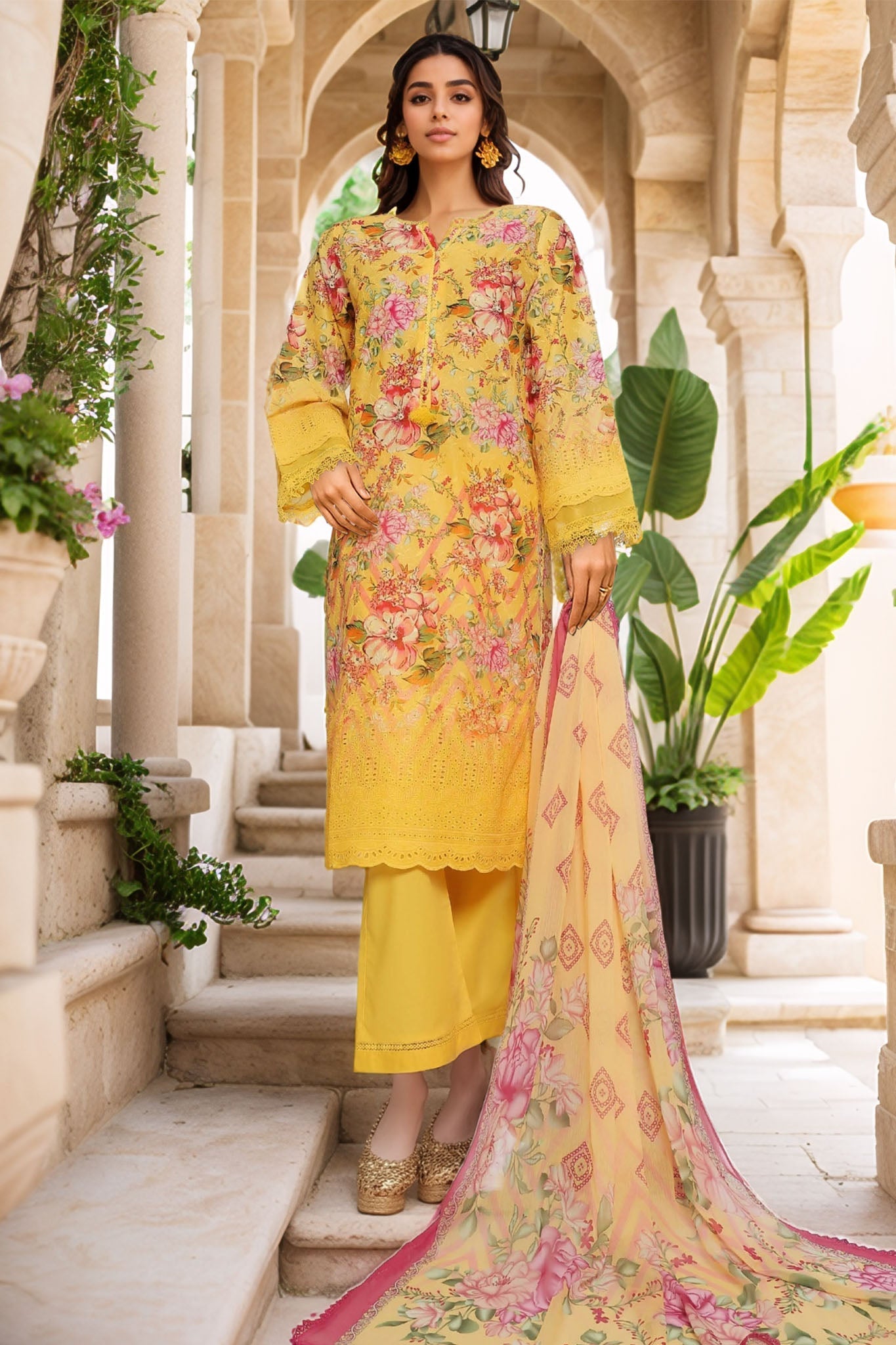Sada Bahar Stitched 3 Piece Fusion Chikankari Collection'2025-CKP-Yellow
