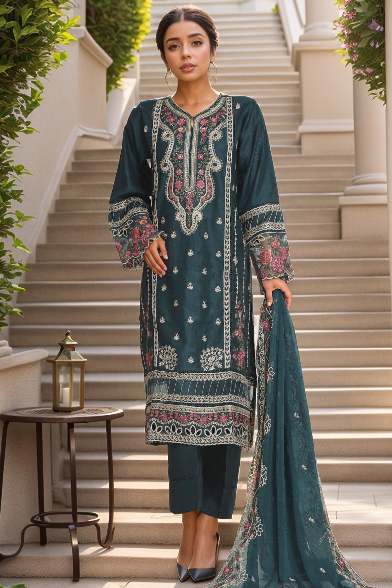 Sada Bahar Stitched 3 Piece Luxury Emb Rod Silk Vol-01 Collection'2024-LEV-02-Sea Green
