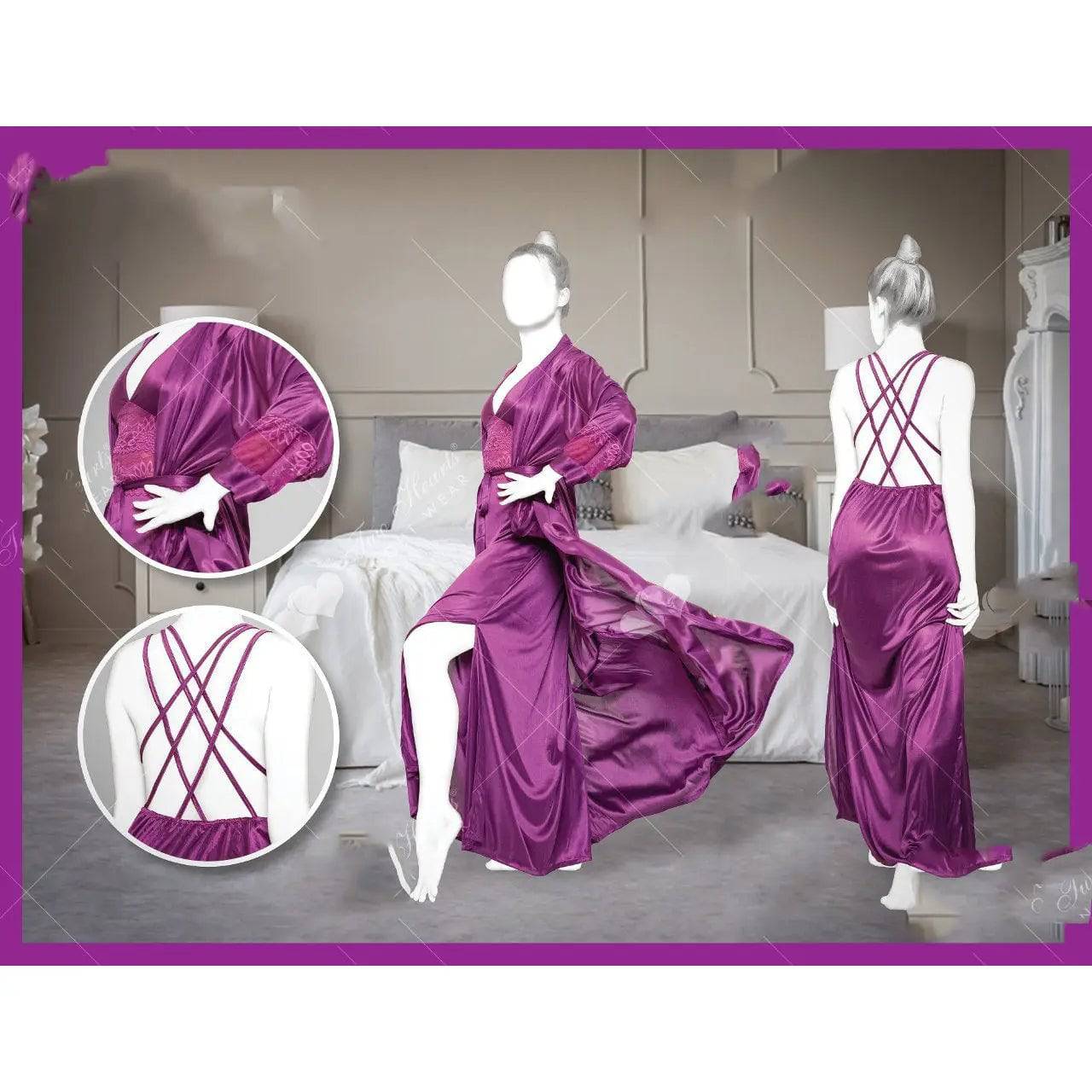 Sajiero 2 Piece Silk Nightwear Inner + Gown For Girls & Women a good quality red color sexy nighty price in pakistan