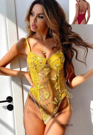 Sajiero Butterfly Embroidered Transparent Bodysuit - My Store