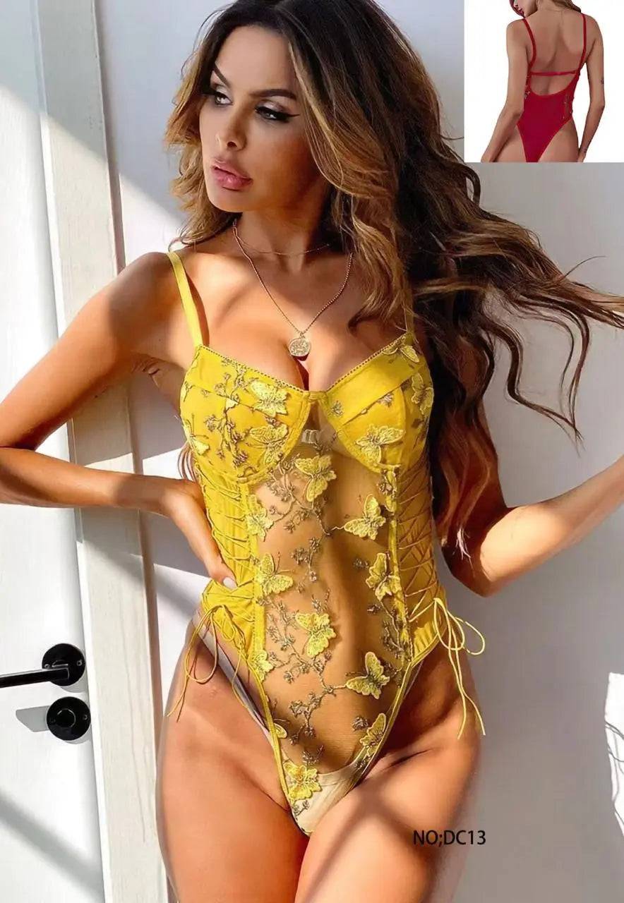 Sajiero Butterfly Embroidered Transparent Bodysuit - My Store