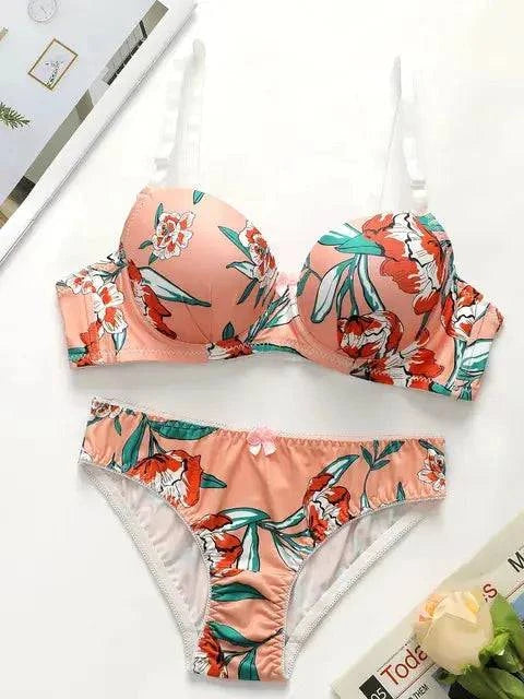 Sajiero Cheek Floral Print Padded Bra and Panty Set - My Store