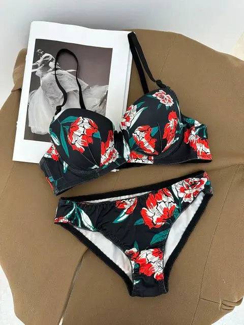 Sajiero Cheek Floral Print Padded Bra and Panty Set - My Store