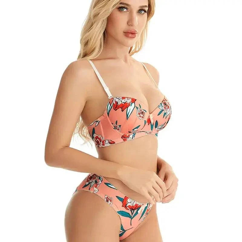 Sajiero Cheek Floral Print Padded Bra and Panty Set - My Store