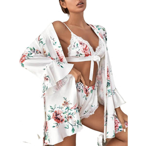 Sajiero Daisy Floral Silk 3pcs Nightgown set - My Store