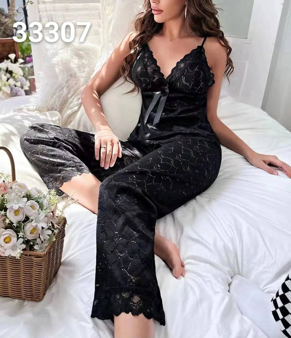 Sajiero Elegance Floral Sling Top and Trouser Set Black - My Store