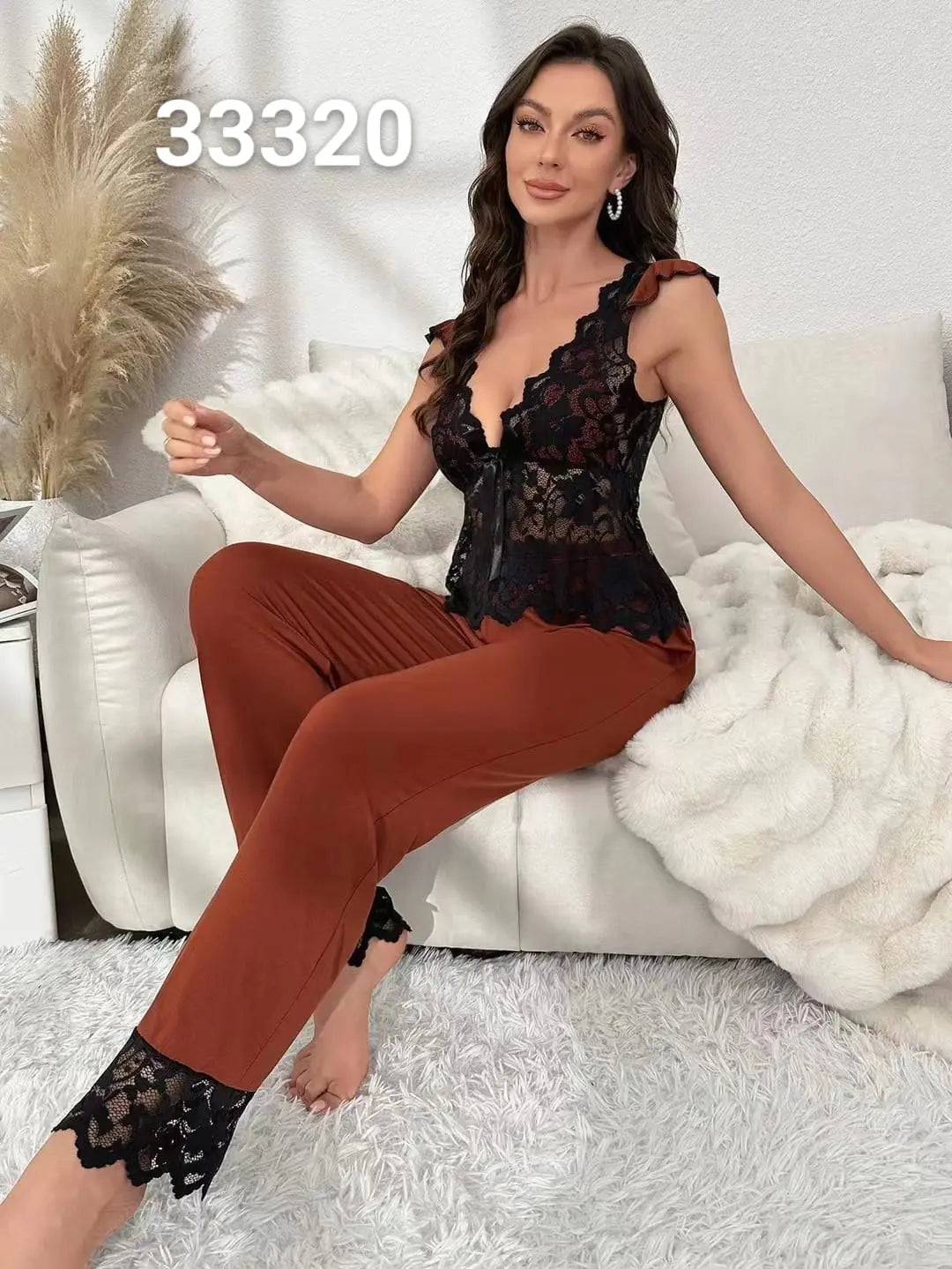 Sajiero Elegance Sling Top and Trouser Set Brown - My Store