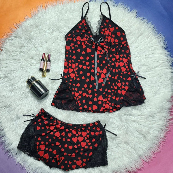 Sajiero Eris Printed Heart - 2pcs Inner & Silk Shorts Cami Set - My Store