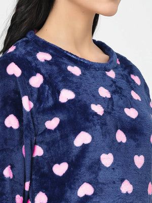 Sajiero Fleece Long Sleeve Pajama Suit Navy Blue - My Store