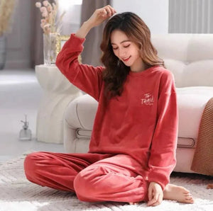 Sajiero Fleece Long Sleeve Pajama Suit Shaded Red - My Store