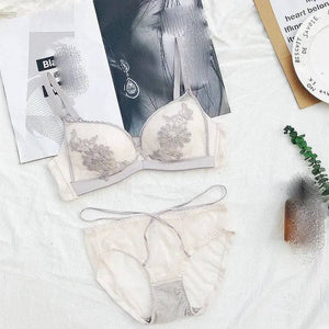 Sajiero Floral Buttercup Embroidered  Wireless Padded Bra and Panty Set - My Store