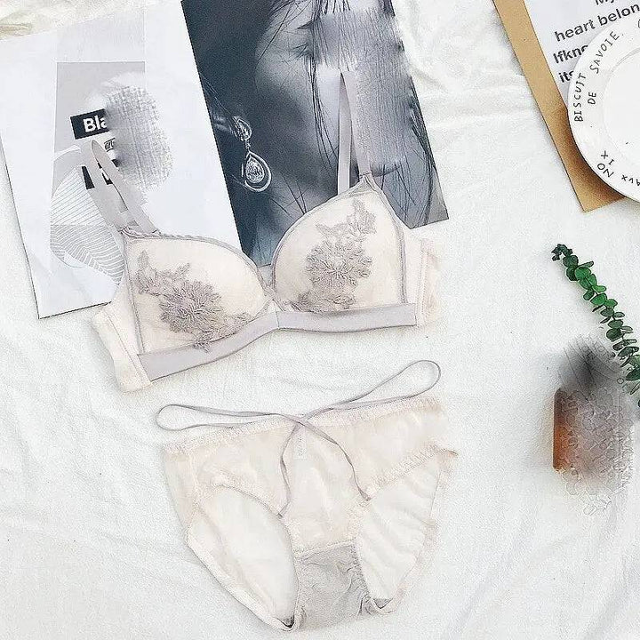 Sajiero Floral Buttercup Embroidered  Wireless Padded Bra and Panty Set - My Store