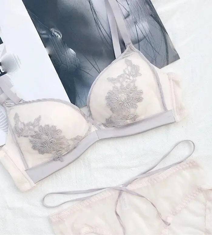 Sajiero Floral Buttercup Embroidered  Wireless Padded Bra and Panty Set - My Store