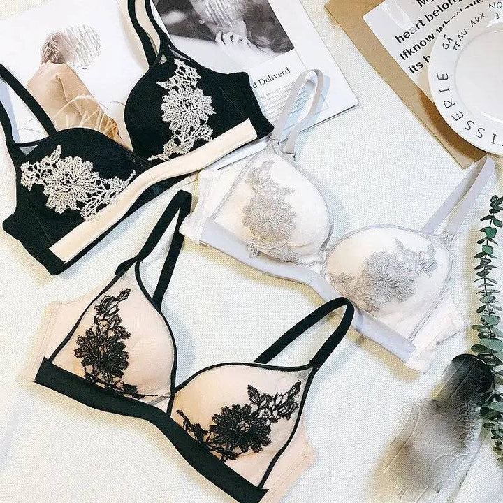 Sajiero Floral Buttercup Embroidered  Wireless Padded Bra and Panty Set - My Store