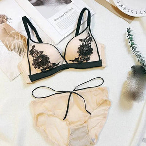Sajiero Floral Buttercup Embroidered  Wireless Padded Bra and Panty Set - My Store