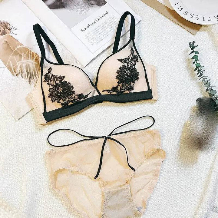 Sajiero Floral Buttercup Embroidered  Wireless Padded Bra and Panty Set - My Store