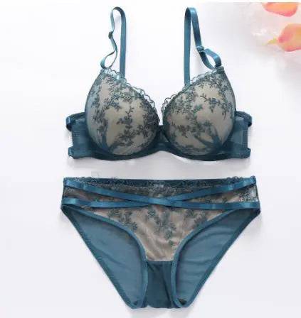 Sajiero French Padded Bra and Panty Set Sea Blue - My Store