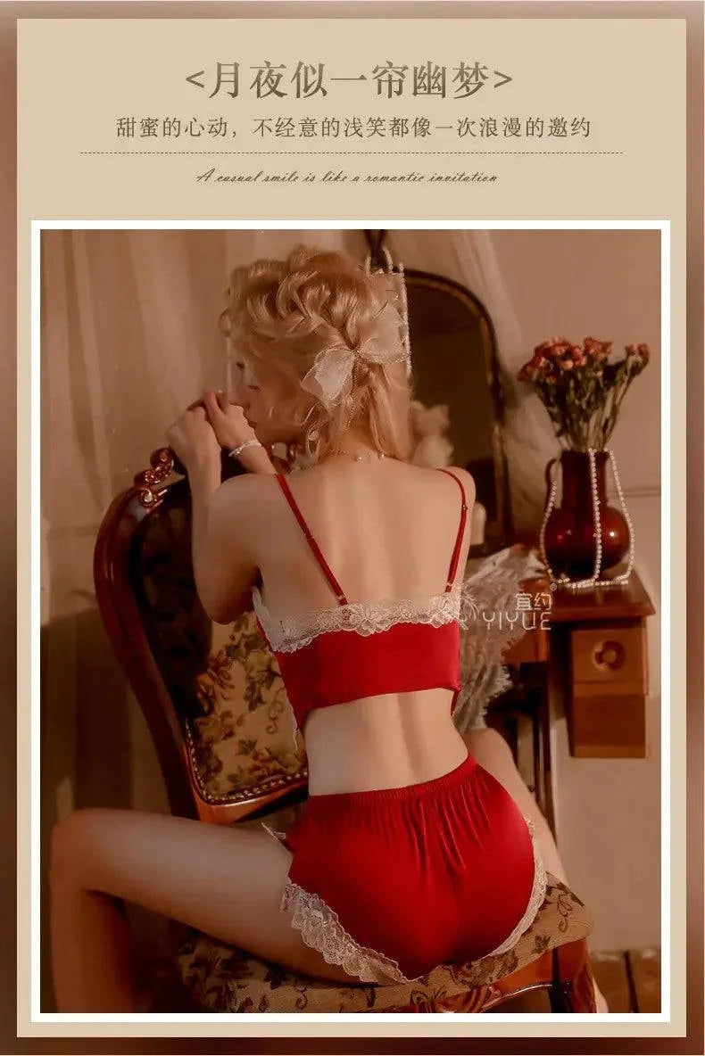 Sajiero Front Open Tie up 2pcs Sexy Maroon Cami Set - My Store