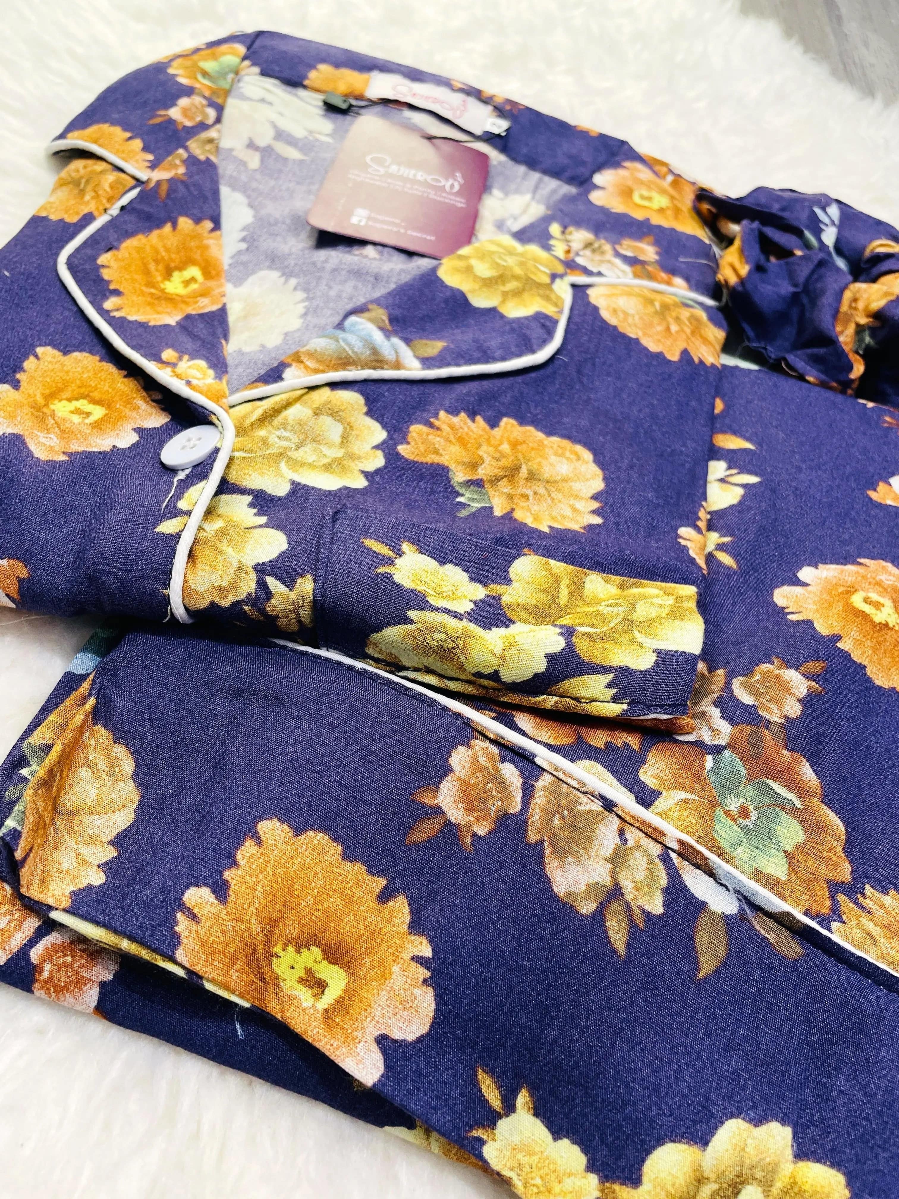 Sajiero Galaxy Boski Linen Floral Printed Pajama Suit Ash Purple - My Store