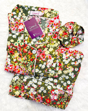 Sajiero Galaxy Boski Linen  Printed Pajama Floral Green - My Store