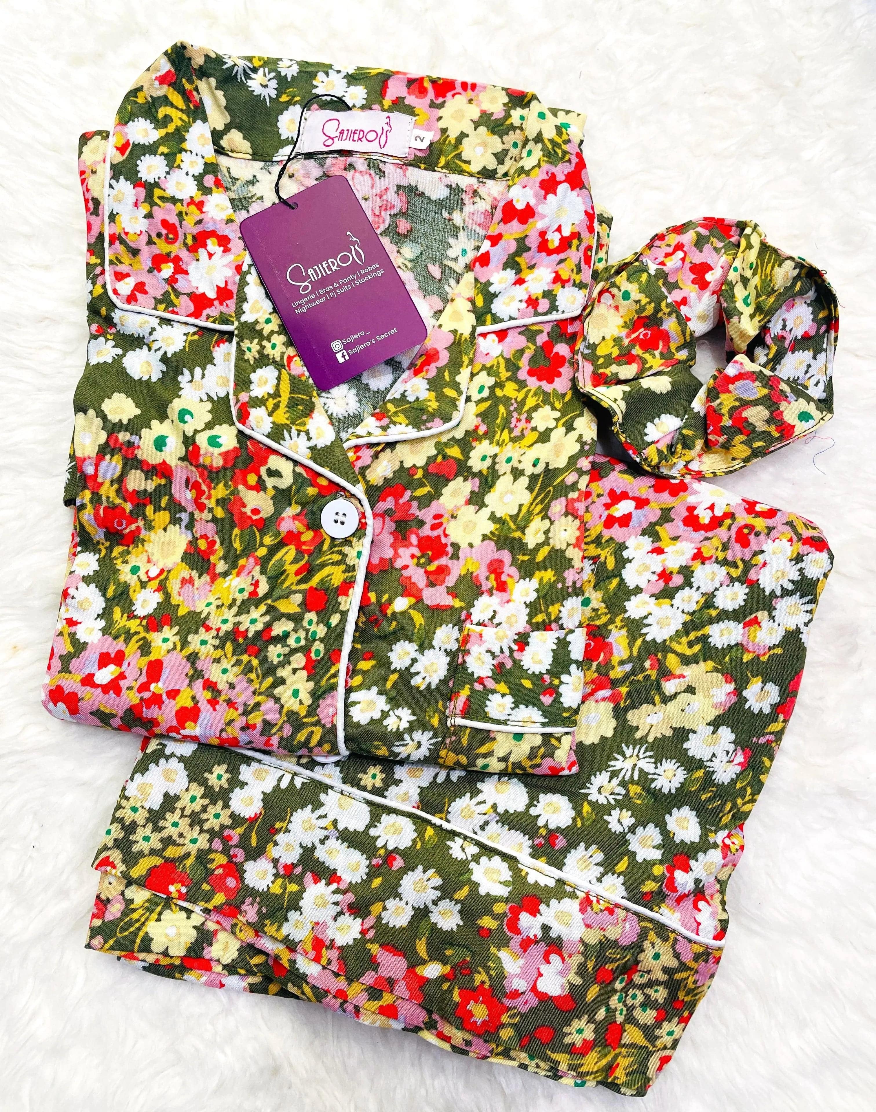 Sajiero Galaxy Boski Linen  Printed Pajama Floral Green - My Store