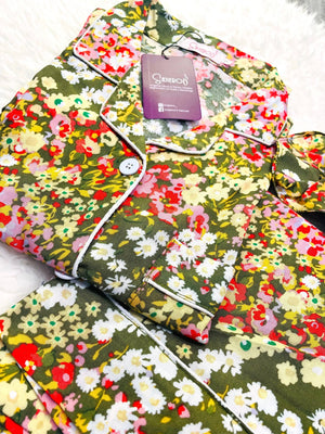 Sajiero Galaxy Boski Linen  Printed Pajama Floral Green - My Store