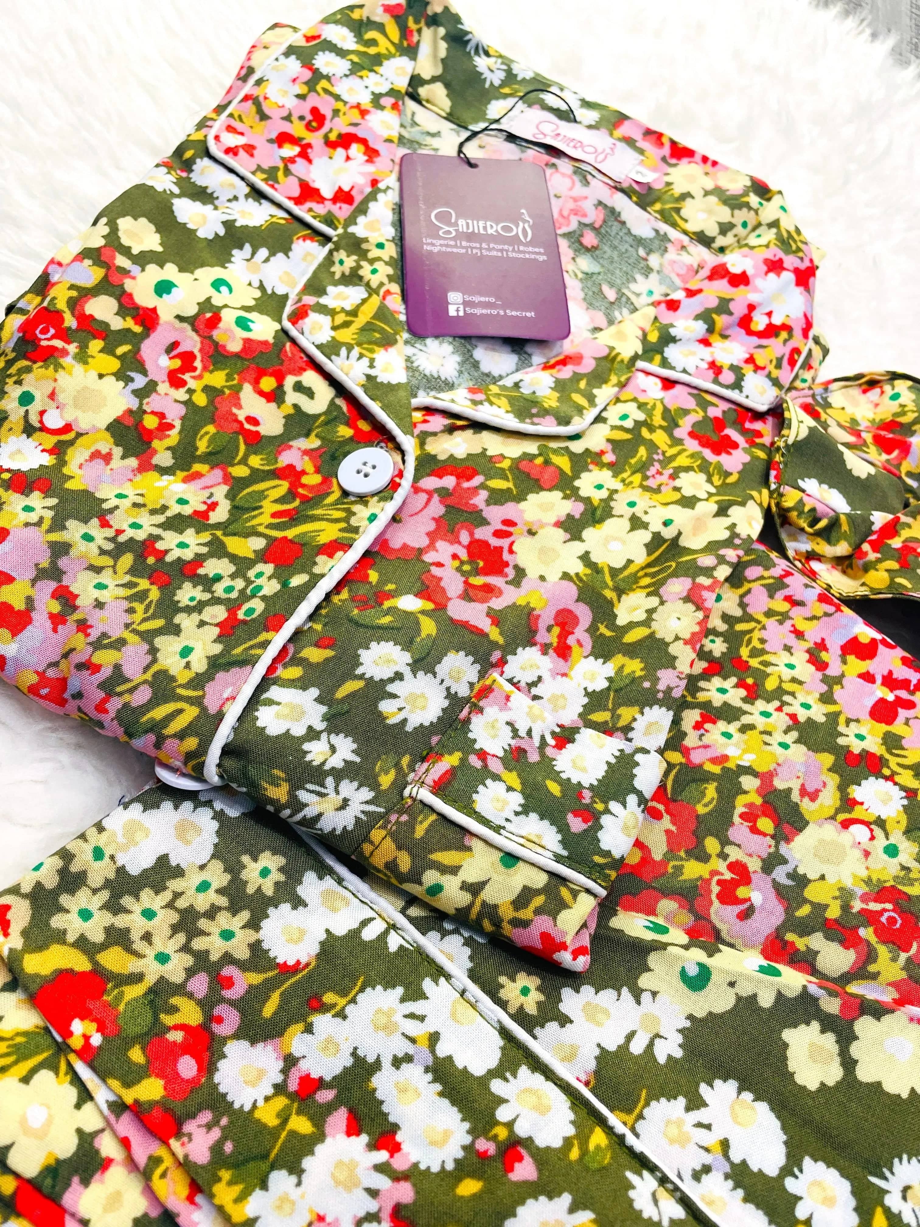 Sajiero Galaxy Boski Linen  Printed Pajama Floral Green - My Store