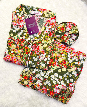 Sajiero Galaxy Boski Linen  Printed Pajama Floral Green - My Store