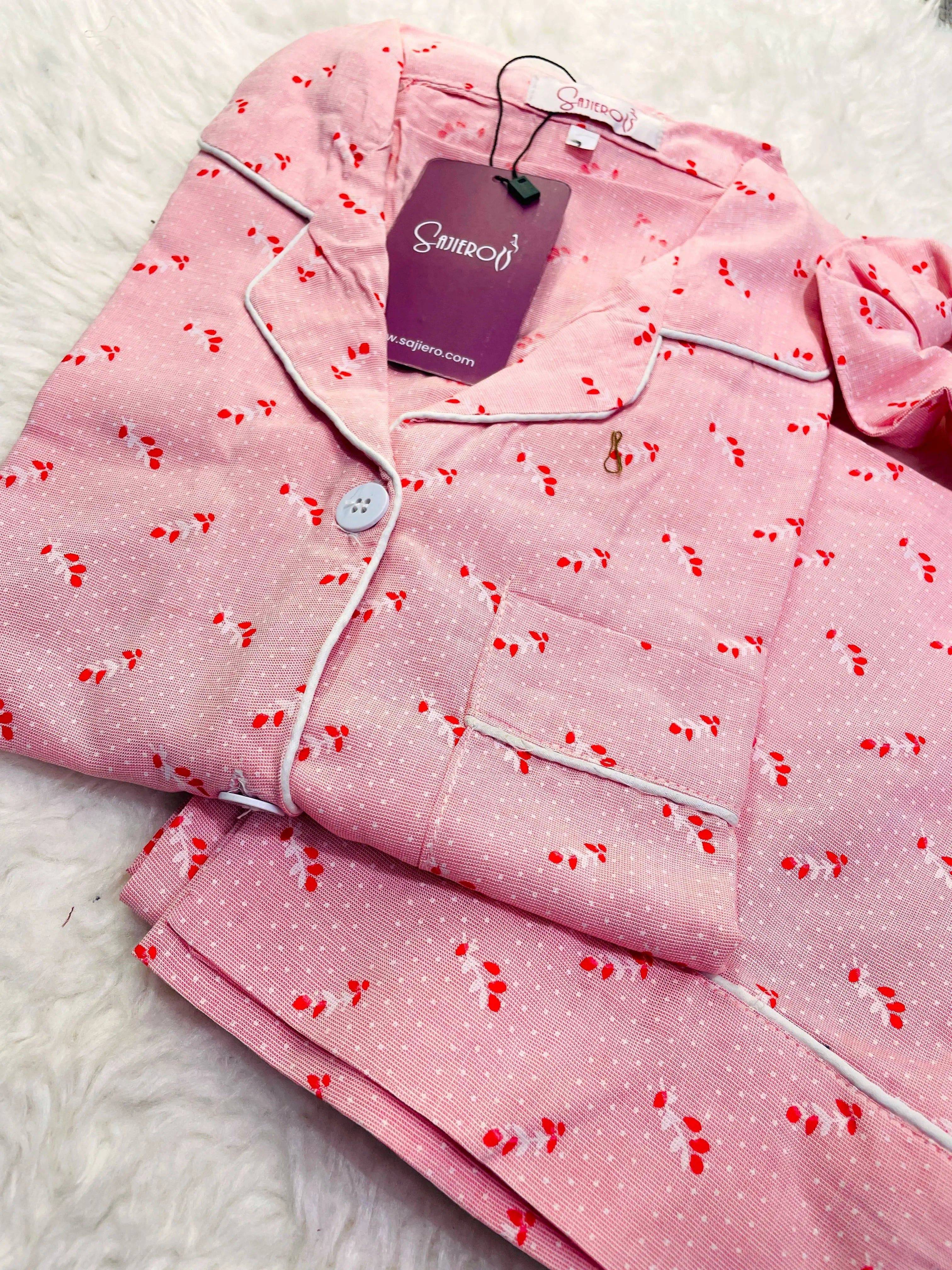 Sajiero Galaxy Boski Linen  Printed Pajama Suit Baby Pink - My Store