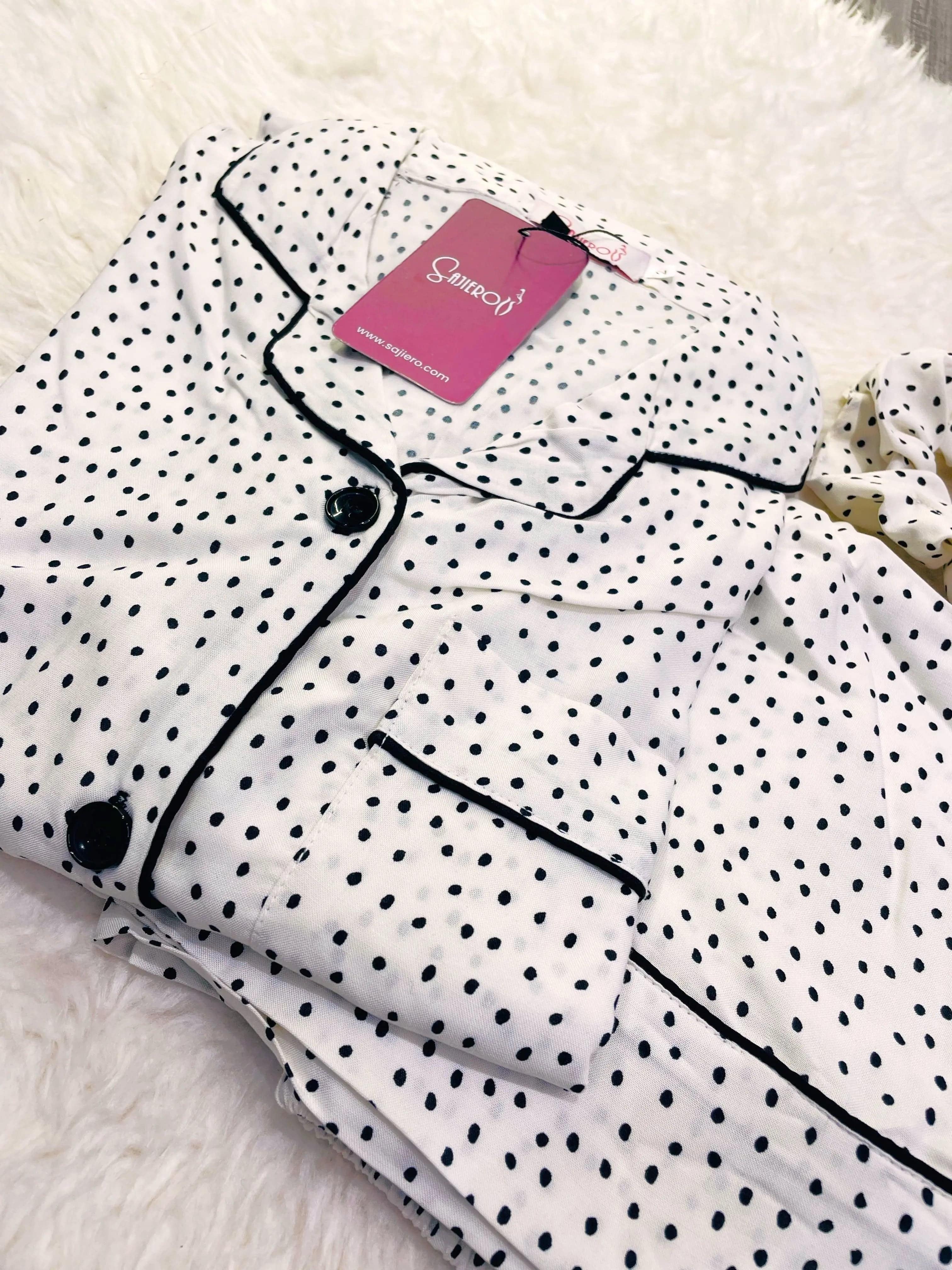 Sajiero Galaxy Boski Linen  Printed Pajama Suit Black Dots - My Store