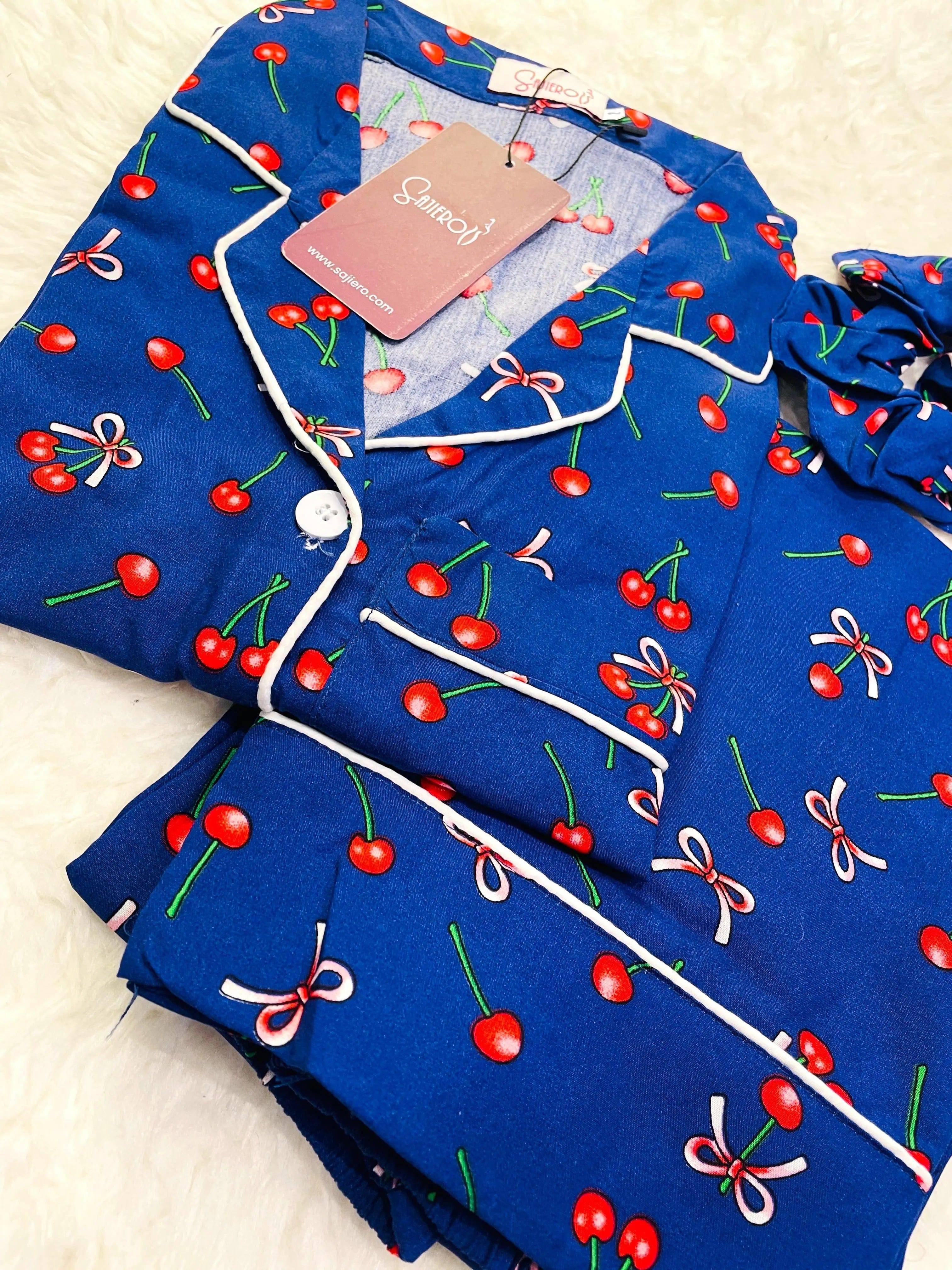 Sajiero Galaxy Boski Linen  Printed Pajama Suit Cherry Blue - My Store