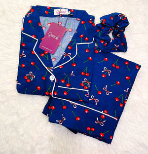 Sajiero Galaxy Boski Linen  Printed Pajama Suit Cherry Blue - My Store